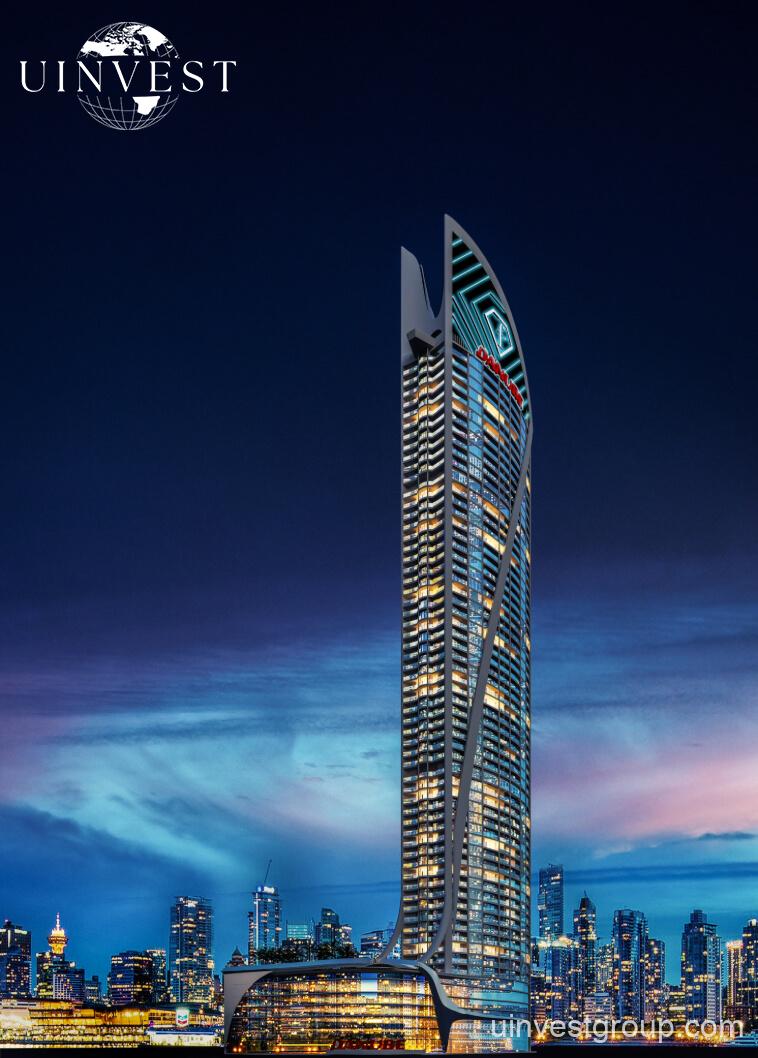 62-storey Fashionz tower with FashionTV branding under clear blue skies in Jumeirah Village Triangle, Dubai.
