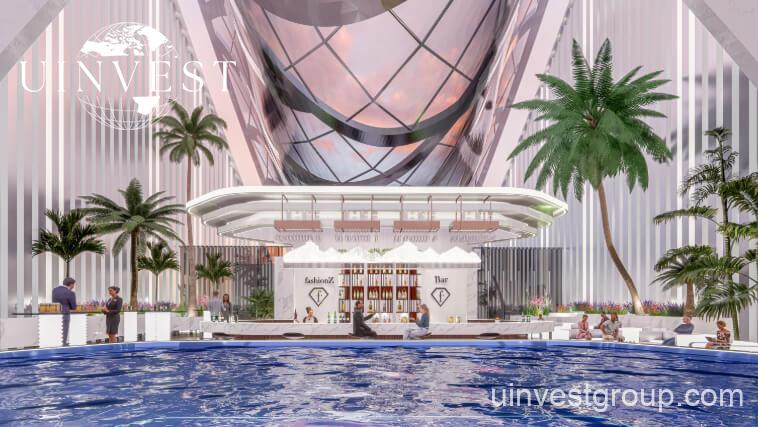 62-storey Fashionz tower with FashionTV branding under clear blue skies in Jumeirah Village Triangle, Dubai.