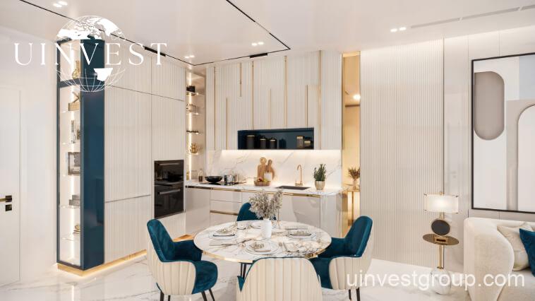 Exterior view of Oasiz by Danube in Dubai Silicon Oasis, a 38-storey glass-clad tower with landscaped podium and central pool.