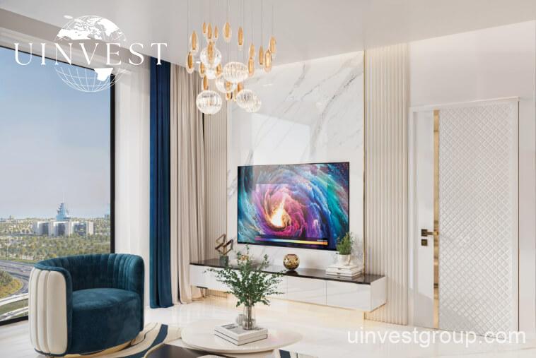 Exterior view of Oasiz by Danube in Dubai Silicon Oasis, a 38-storey glass-clad tower with landscaped podium and central pool.