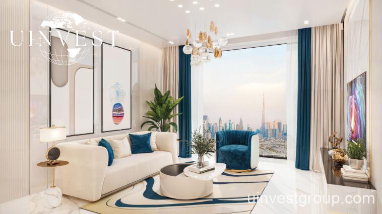 Exterior view of Oasiz by Danube in Dubai Silicon Oasis, a 38-storey glass-clad tower with landscaped podium and central pool.
