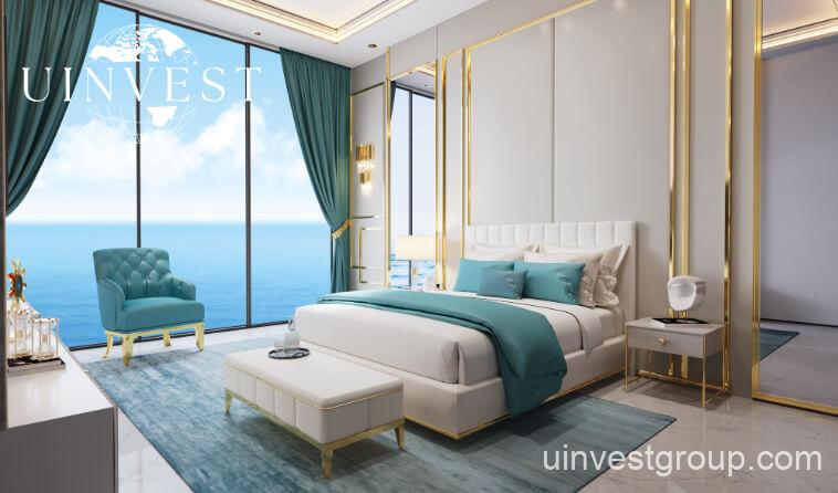 Rendering of Oceanz by Danube twin 51-storey towers on the waterfront of Dubai Maritime City, featuring Italian Tonino Lamborghini Casa interiors, private terraces, and floor-to-ceiling panoramic windows.