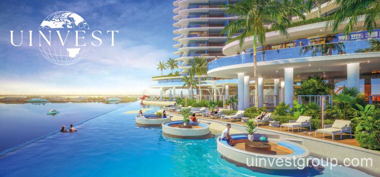 Rendering of Oceanz by Danube twin 51-storey towers on the waterfront of Dubai Maritime City, featuring Italian Tonino Lamborghini Casa interiors, private terraces, and floor-to-ceiling panoramic windows.