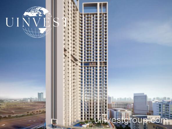 Exterior view of Skyz by Danube tower in Arjan, Dubailand, featuring terraced green sky gardens, open-air plazas, and Mediterranean-themed architecture.