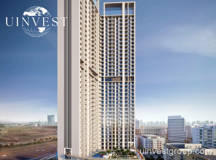 Exterior view of Skyz by Danube tower in Arjan, Dubailand, featuring terraced green sky gardens, open-air plazas, and Mediterranean-themed architecture.
