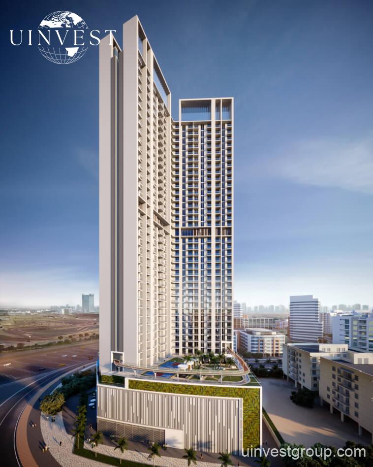 Exterior view of Skyz by Danube tower in Arjan, Dubailand, featuring terraced green sky gardens, open-air plazas, and Mediterranean-themed architecture.