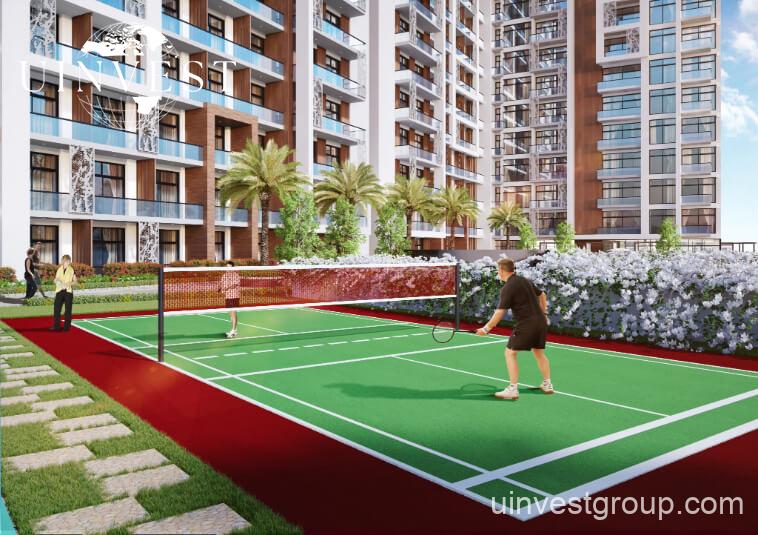 Landscaped podium gardens with barbecue areas and vertical garden walls at Jewelz by Danube