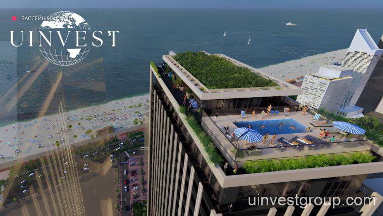Luxurious rooftop pool and lounge area at Horizons Deluxe Batumi