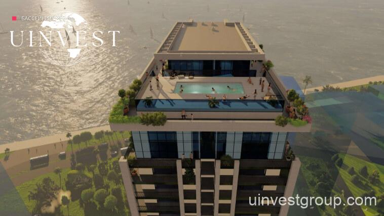 Luxurious rooftop pool and lounge area at Horizons Deluxe Batumi