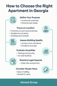 Infographic showing six key steps to choose the right apartment in Georgia with Uinvest Group branding.