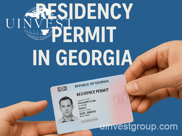 How to Get Residency Permit in Georgia title with a Georgian residence permit card and UINVEST logo in the corner.