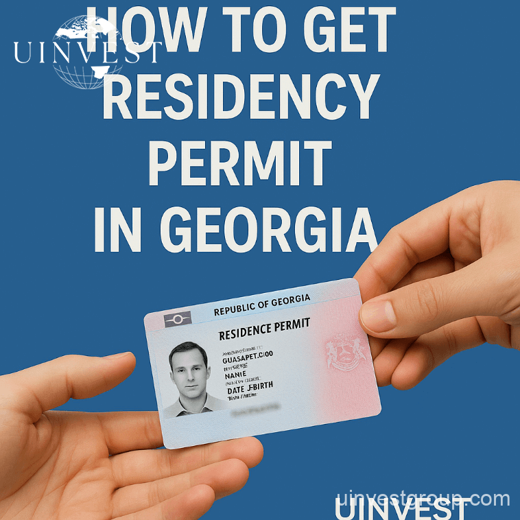 How to Get Residency Permit in Georgia title with a Georgian residence permit card and UINVEST logo in the corner.