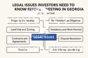 Infographic chart outlining key legal issues investors need to know before investing in Georgia, including property ownership, taxation, zoning laws, dispute resolution, and residency options, visually organized by UInvest Group for clarity and investor guidance.