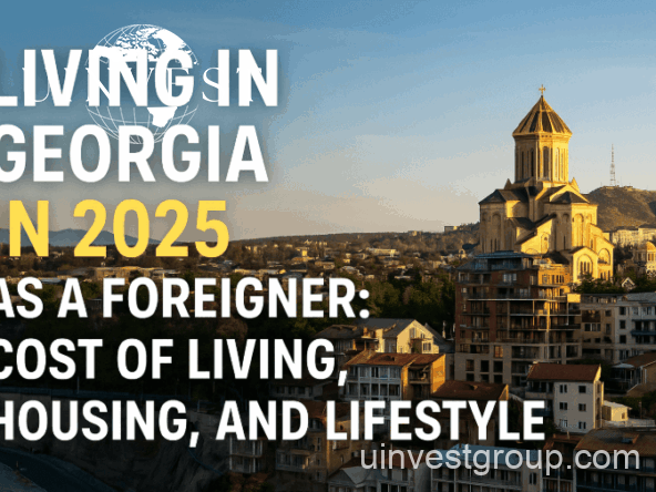 Featured image for article ‘Living in Georgia in 2025 as a Foreigner: Cost of Living, Housing, and Lifestyle’, showing Tbilisi skyline with historic Sameba Cathedral and modern apartments, with bold text overlay. Uinvest Group branding.