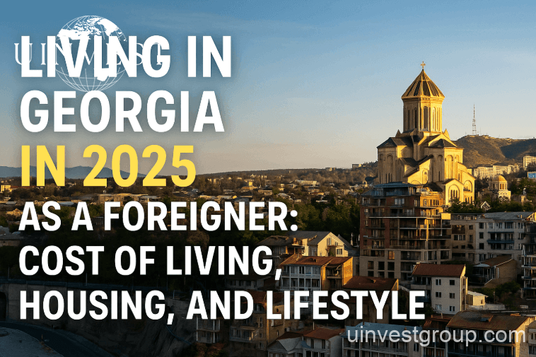 Featured image for article ‘Living in Georgia in 2025 as a Foreigner: Cost of Living, Housing, and Lifestyle’, showing Tbilisi skyline with historic Sameba Cathedral and modern apartments, with bold text overlay. Uinvest Group branding.