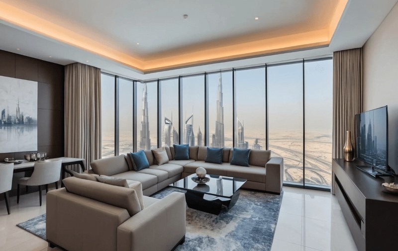 Sleek Burj Khalifa studio with skyline view