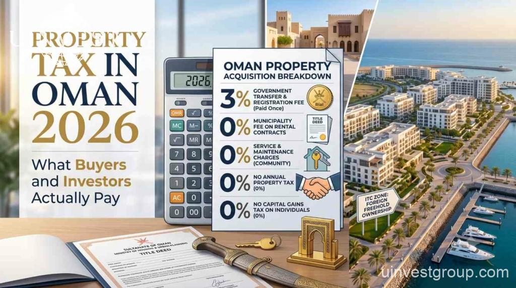 Property tax in Oman 2026 — buyer costs including the 3% transfer fee and VAT explained by UInvest Group