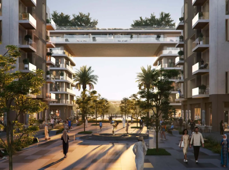 Tree-lined pedestrian boulevard at Wadi Zaha community, Sultan Haitham City