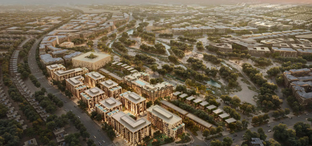 Aerial view of Wadi Zaha and Sultan Haitham City masterplan near Muscat, Oman