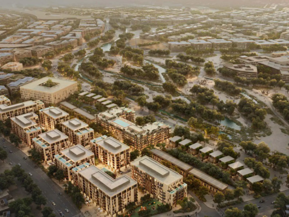 Aerial view of Wadi Zaha and Sultan Haitham City masterplan near Muscat, Oman