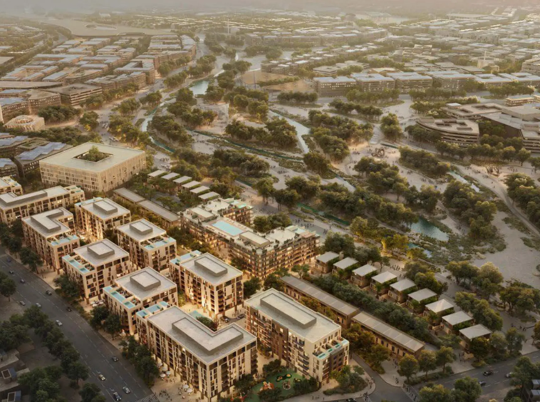 Aerial view of Wadi Zaha and Sultan Haitham City masterplan near Muscat, Oman