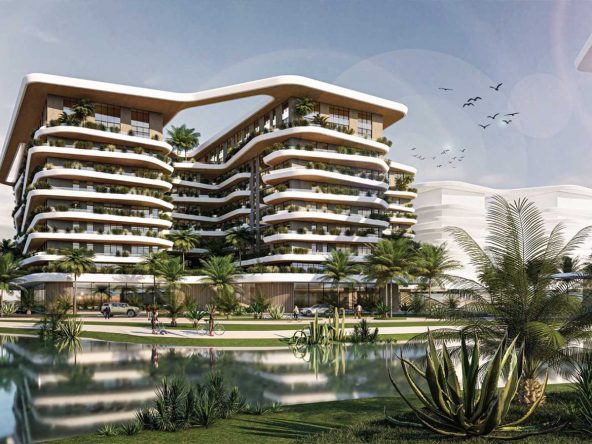 Uptown Muscat exterior view with landscaped lake, Knowledge Oasis, Oman