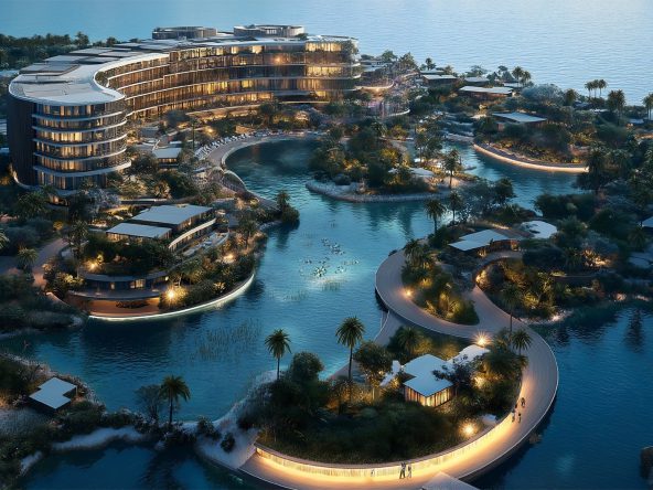 Yamal aerial view — lagoons and hotel at dusk, Al Seeb, Oman