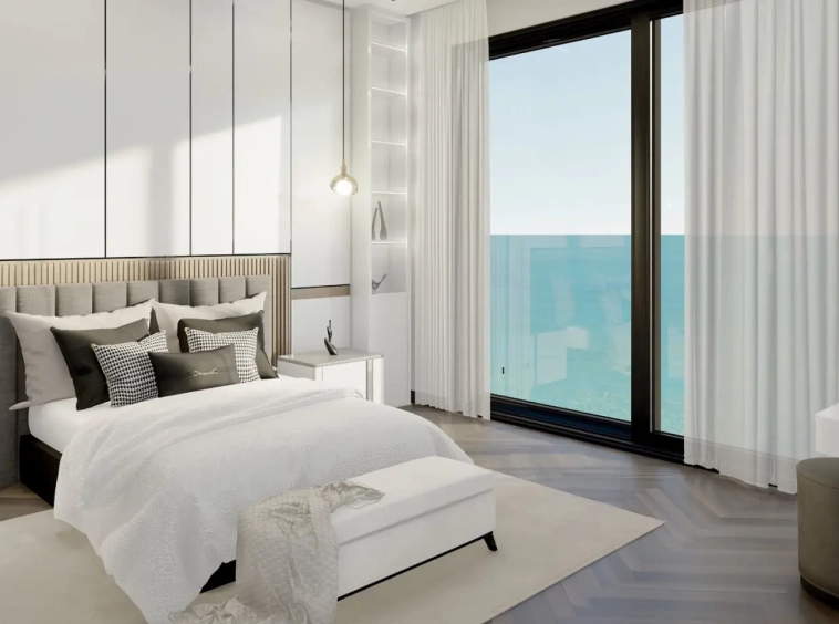Master bedroom with sea view at Bellevue, Al Mouj