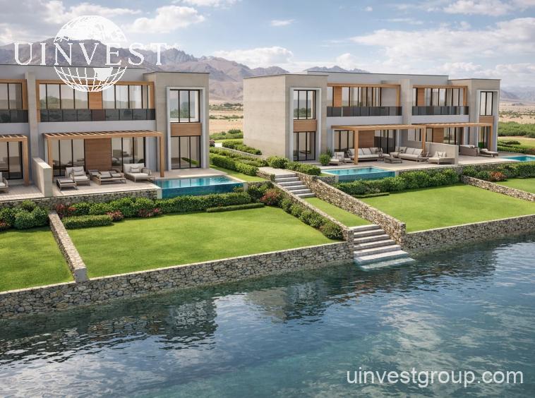 Two-storey waterfront chalets with private pools and terraces overlooking the lagoon at Lubana Island, Amazi