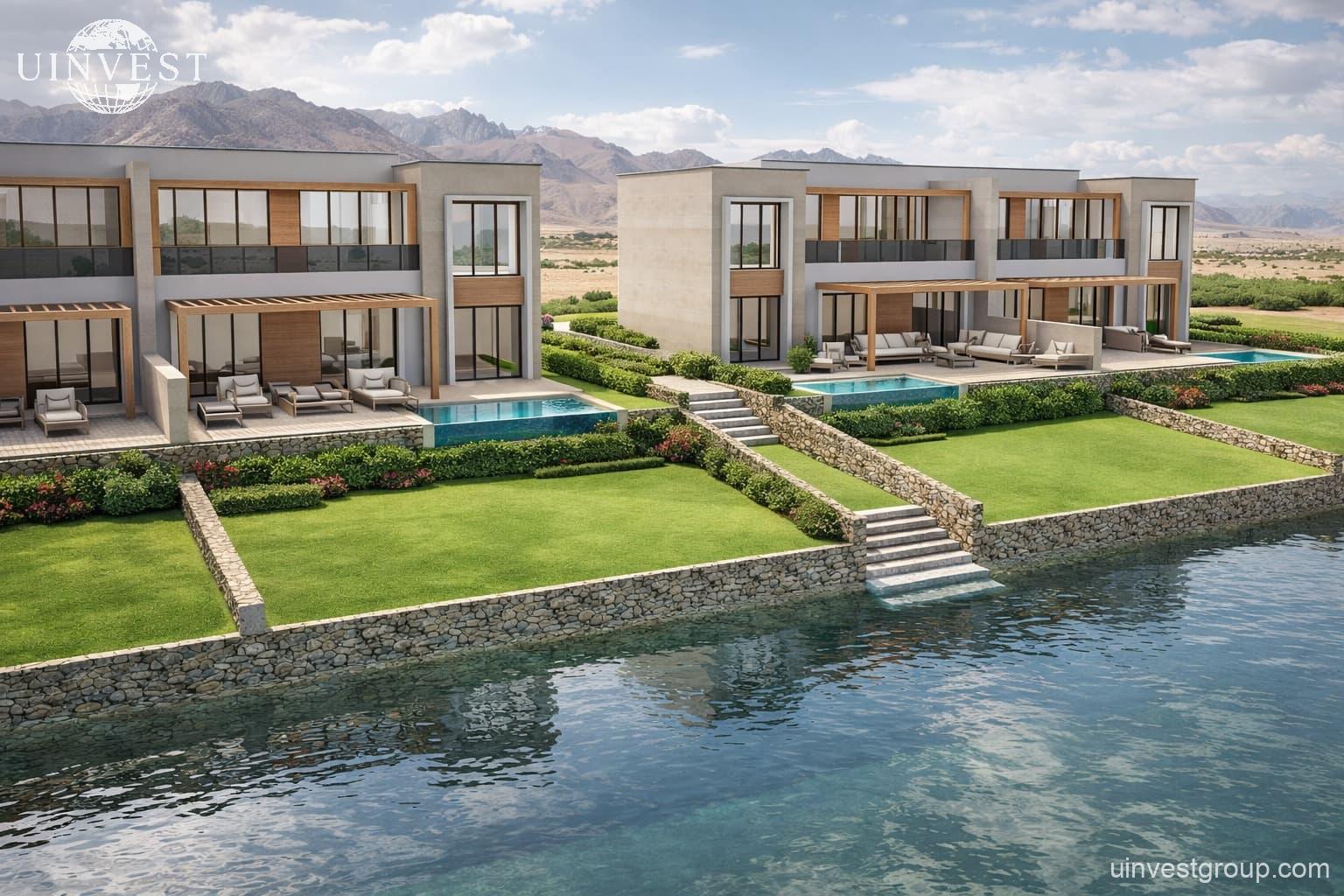 Two-storey waterfront chalets with private pools and terraces overlooking the lagoon at Lubana Island, Amazi