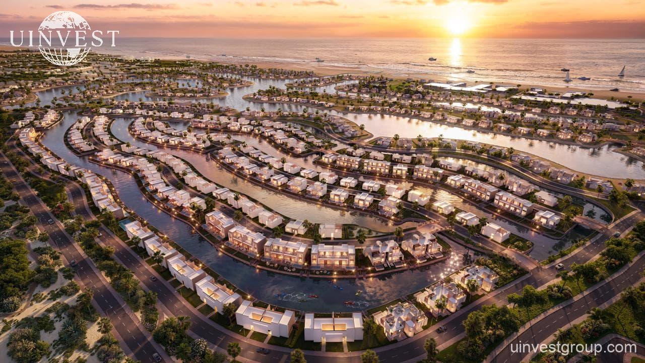 Aerial rendering of Lubana Island at Amazi, Hawana Salalah, showing waterfront villas and chalets around landscaped lagoons at sunset