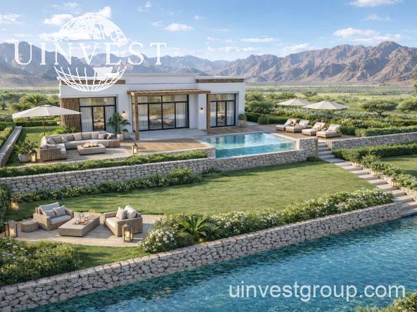 Standalone waterfront villa with private pool, garden and mountain backdrop at Lubana Island, Amazi, Hawana Salalah