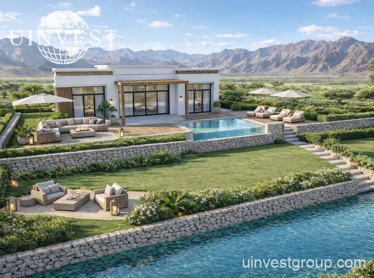 Standalone waterfront villa with private pool, garden and mountain backdrop at Lubana Island, Amazi, Hawana Salalah