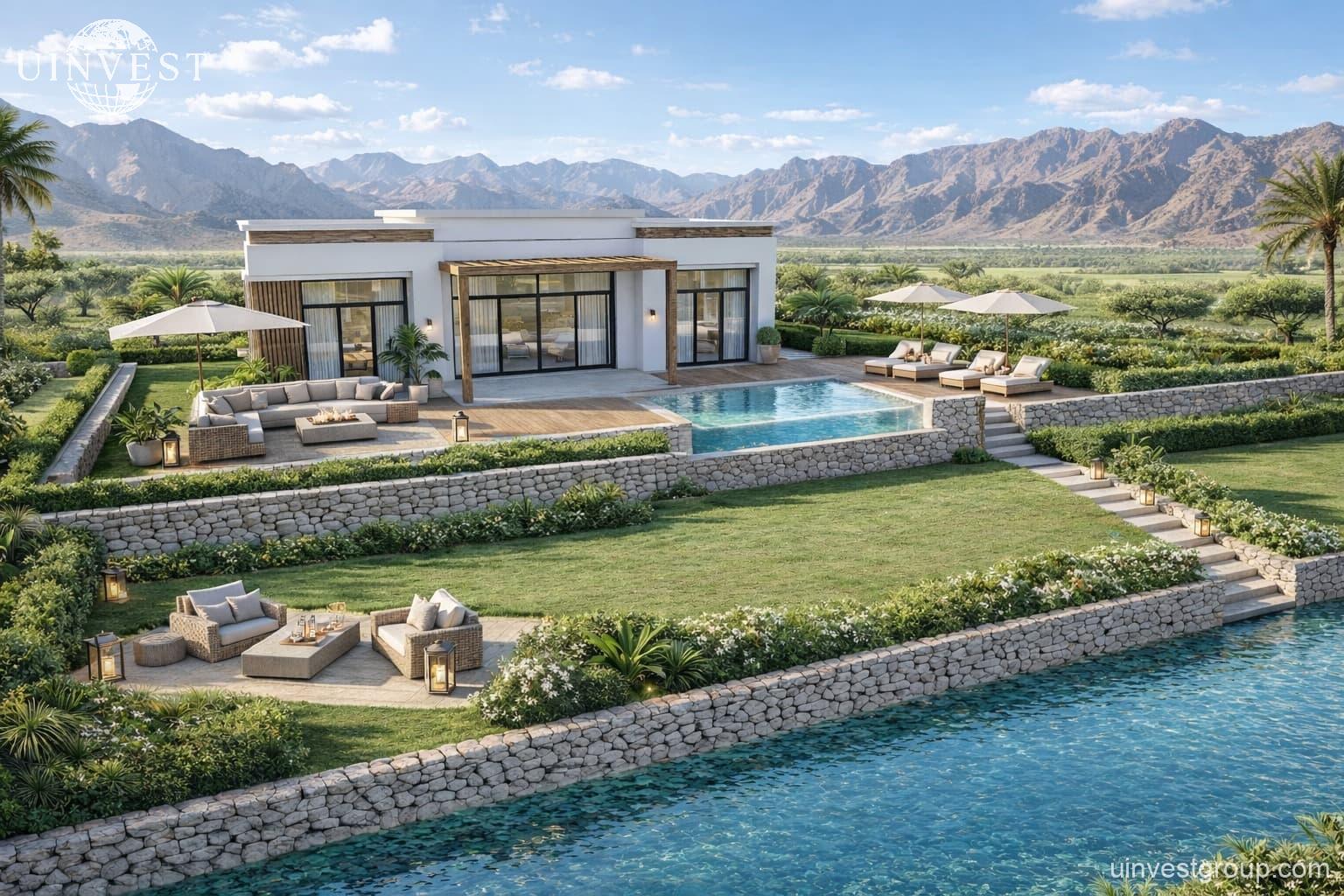 Standalone waterfront villa with private pool, garden and mountain backdrop at Lubana Island, Amazi, Hawana Salalah