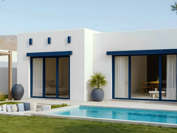 Olive Farms farmhouse villa with private swimming pool, garden and mountain backdrop in Jebel Sifah, Oman