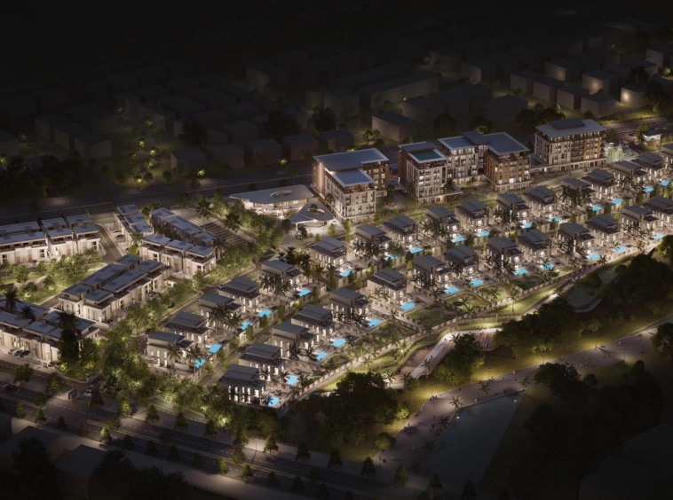 Night aerial view of Sarooj Oasis Apartments, Sultan Haitham City