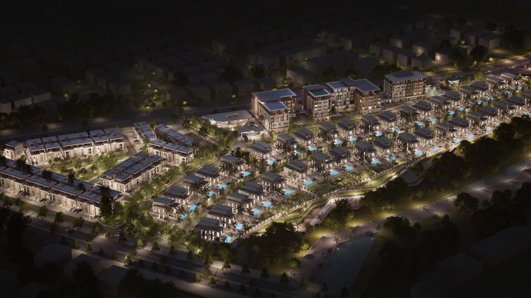Night aerial view of Sarooj Oasis Apartments, Sultan Haitham City