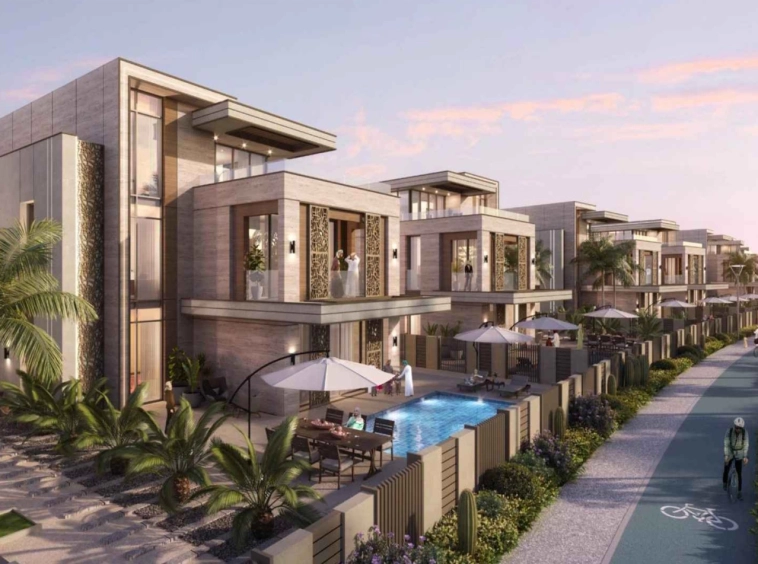 Villas along a cycling path at Sarooj Oasis, Sultan Haitham City