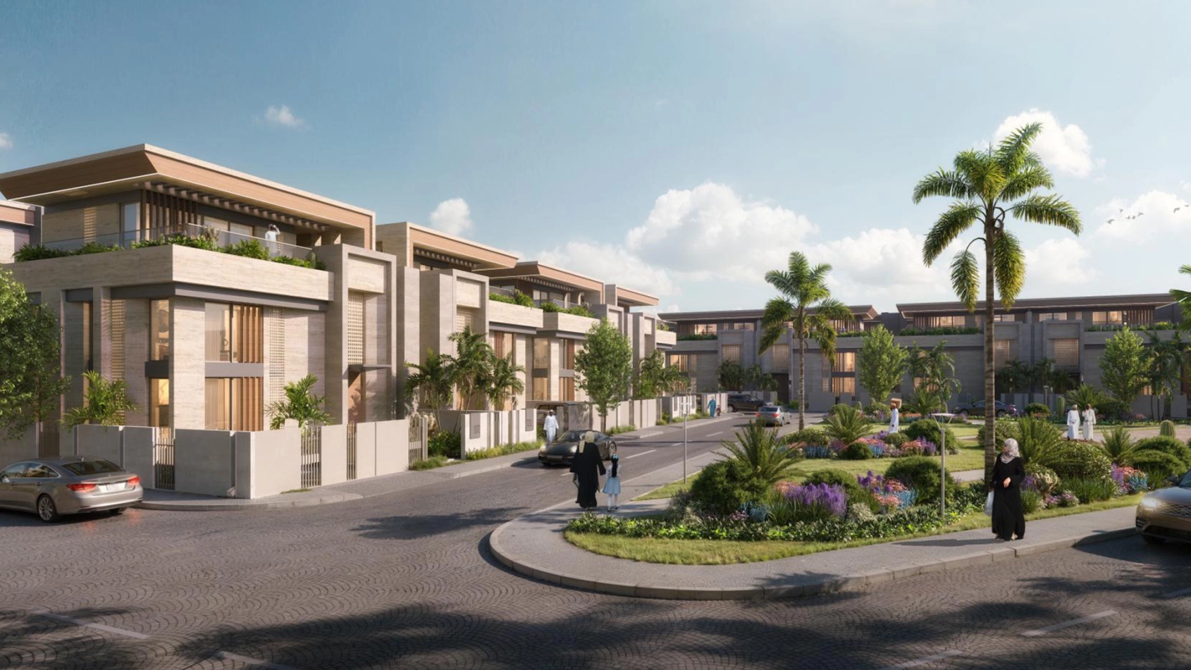 Street view of the Sarooj Oasis community, Sultan Haitham City