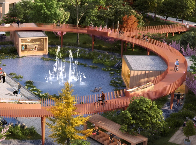 Community park with fountain pond at Sarooj Oasis, Sultan Haitham City