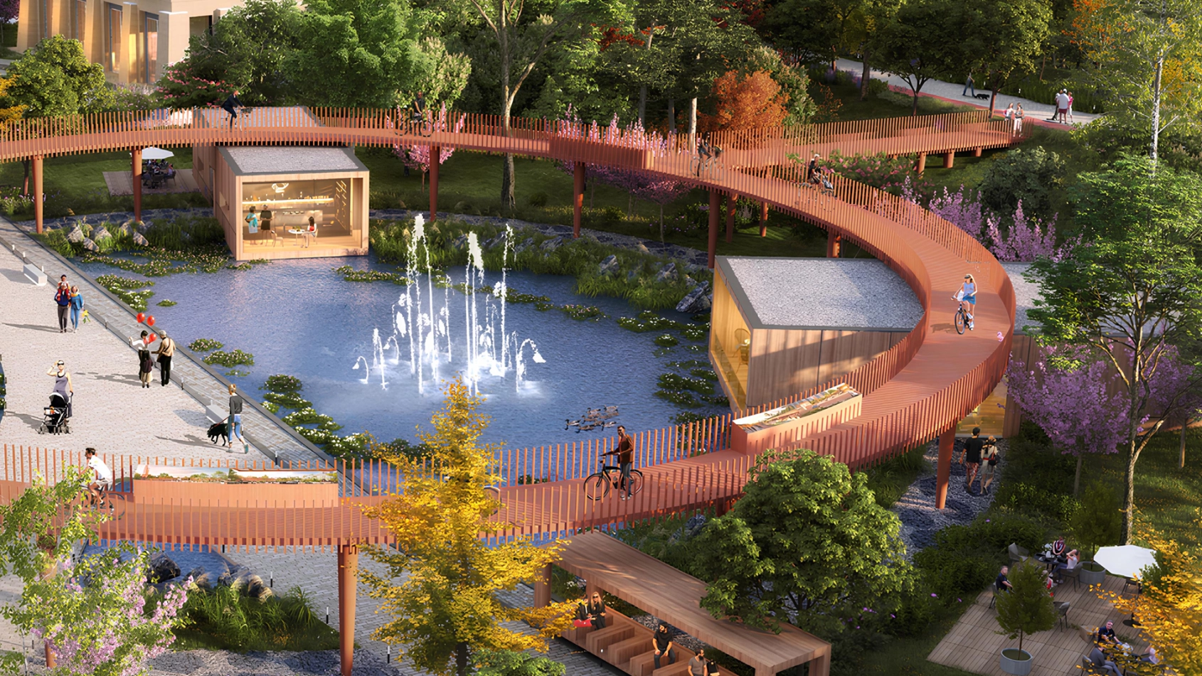 Community park with fountain pond at Sarooj Oasis, Sultan Haitham City