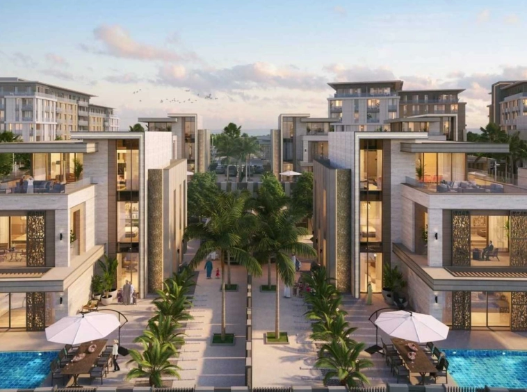 Facing villa blocks with private pools at Sarooj Oasis, Sultan Haitham City