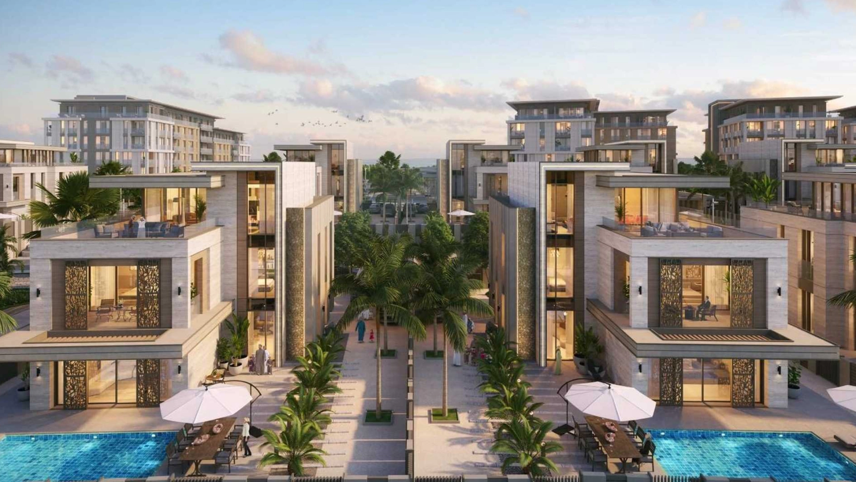 Facing villa blocks with private pools at Sarooj Oasis, Sultan Haitham City