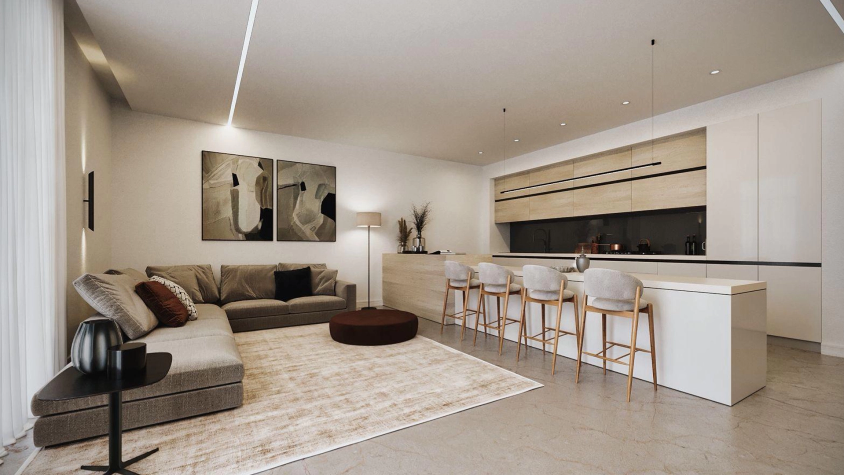 Living room and kitchen interior at Sarooj Oasis Apartments, Sultan Haitham City