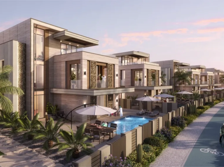 Row of villas along a bike path at Sarooj Oasis Villas, Sultan Haitham City