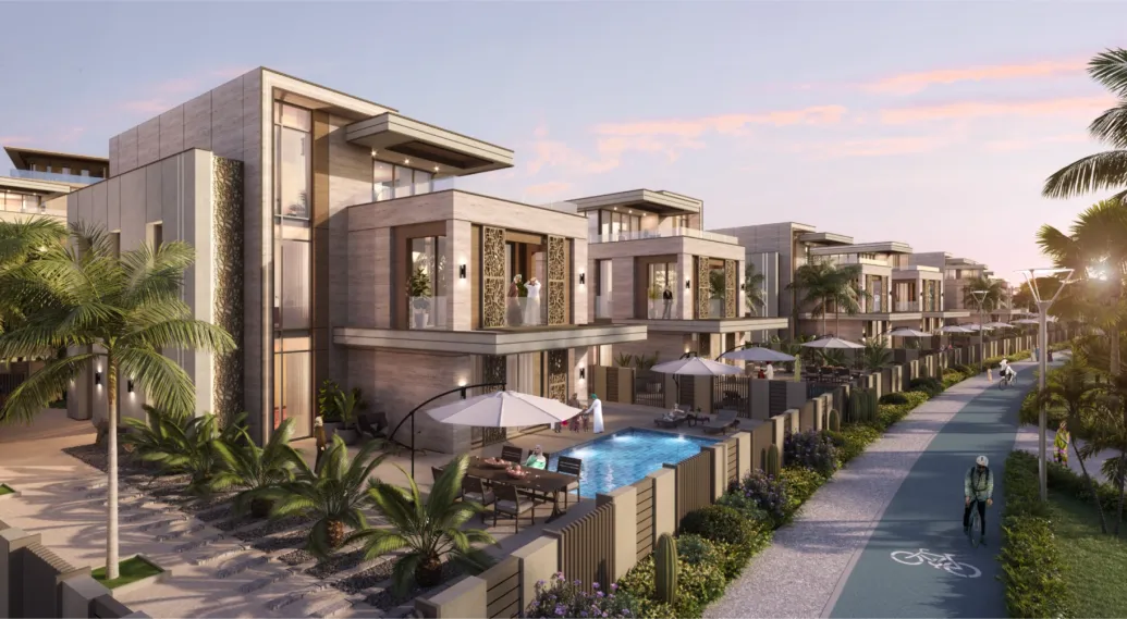 Row of villas along a bike path at Sarooj Oasis Villas, Sultan Haitham City