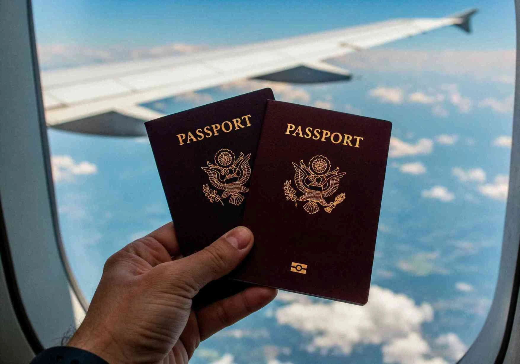 Hand holding two passports in front of an airplane window, representing second citizenship and residency by investment