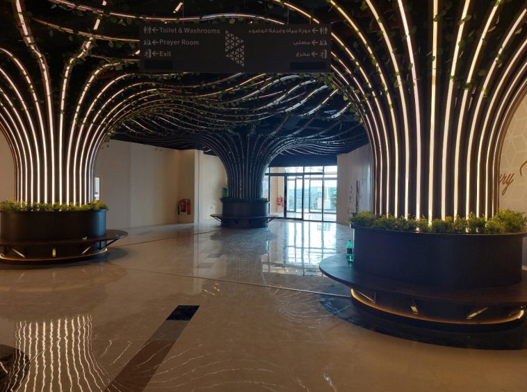 Tree-column atrium interior at The Pearl Muscat Hills