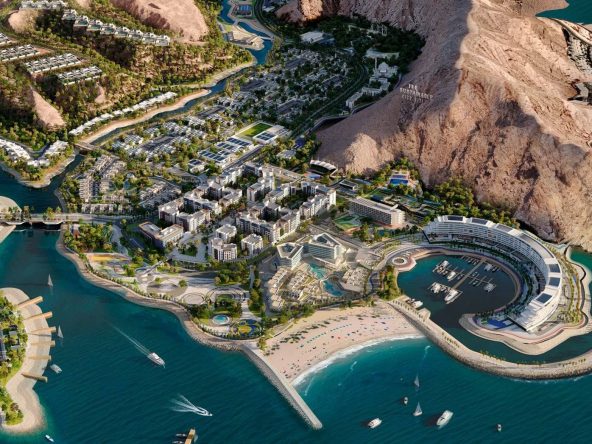 Aerial masterplan view of The Sustainable City – Yiti marina, beach and hillside villas, Muscat, Oman
