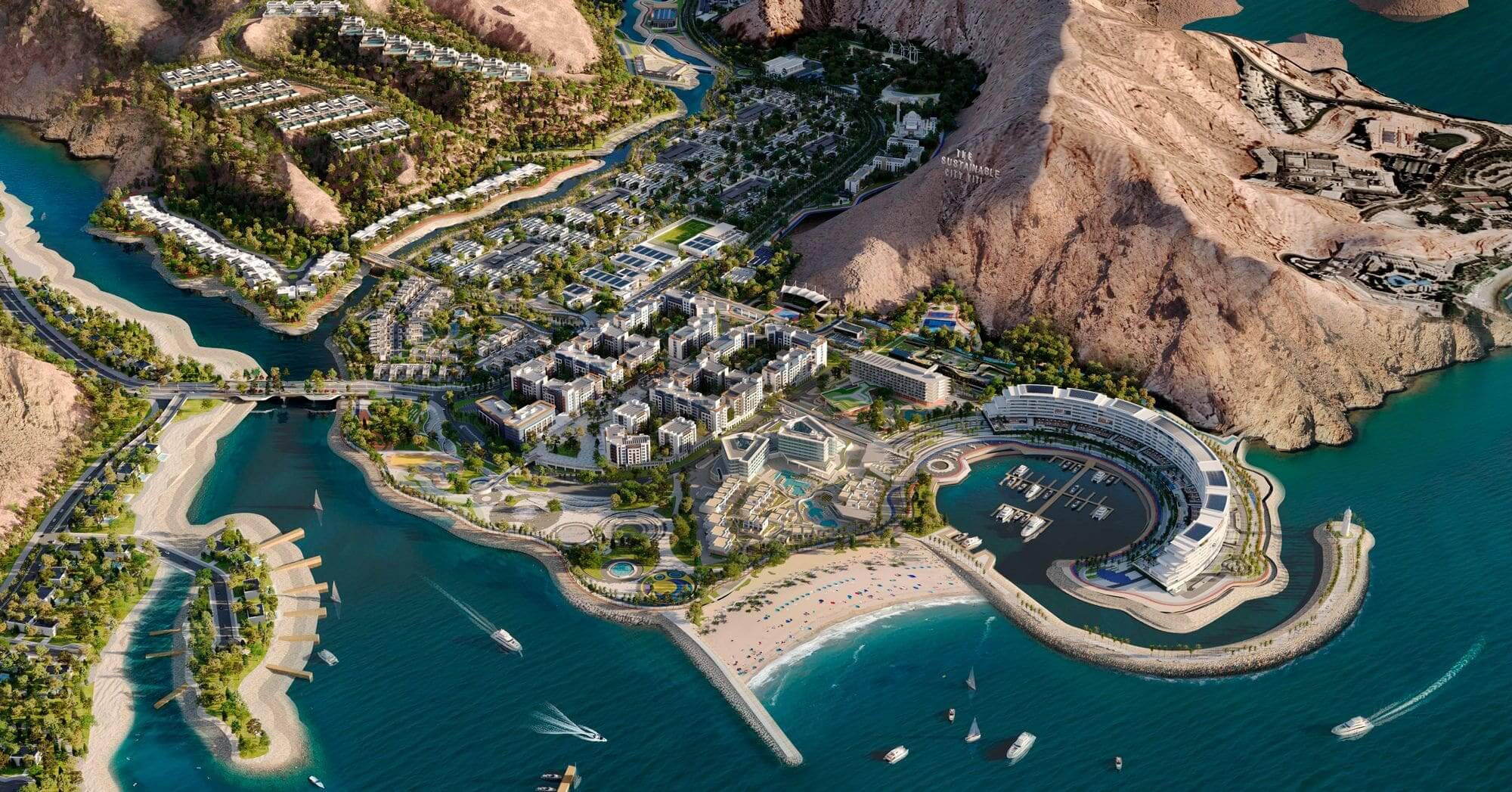 Aerial masterplan view of The Sustainable City – Yiti marina, beach and hillside villas, Muscat, Oman